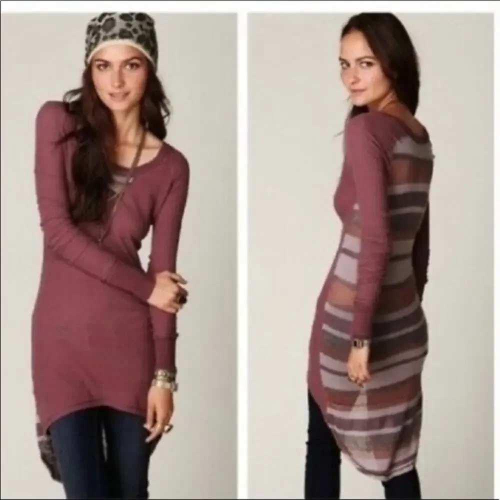 Free People Eco Thermal Raglan Tunic Sweater Womens Small Rose Brown High Low